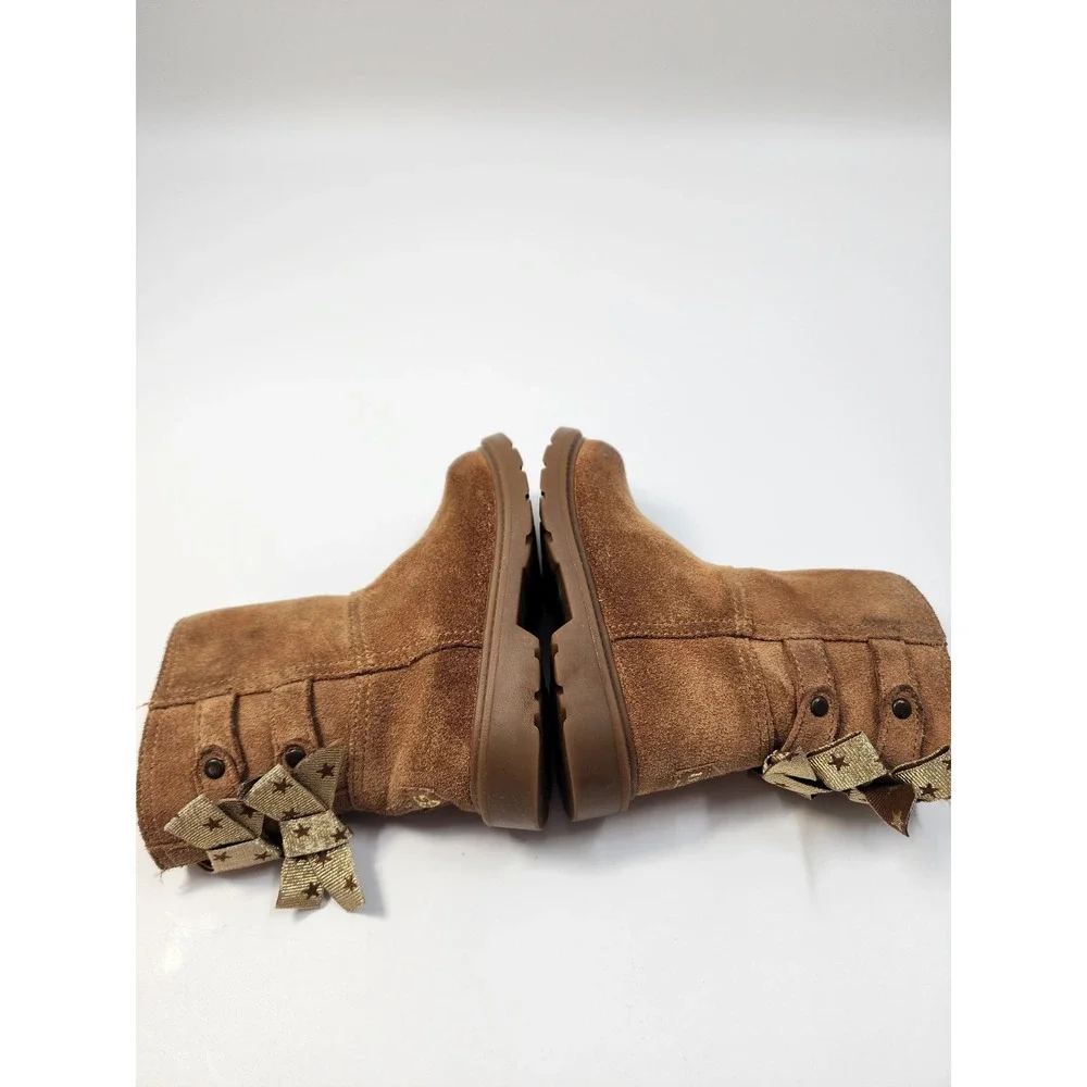 UGG Kids Suede Boots Chestnut Brown Double Gold Star Bows Side Zip Boots